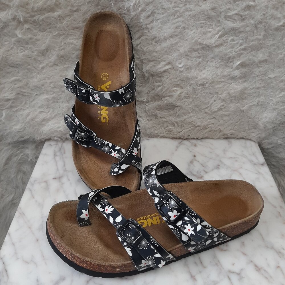 Viking Women's Two-Buckle Toe Strap Sandals Black Floral Print Brama Size EU38